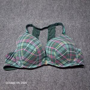 Cacique Bra Womens Size 44 C Cup Boost Plunge Front Close Green Plaid
